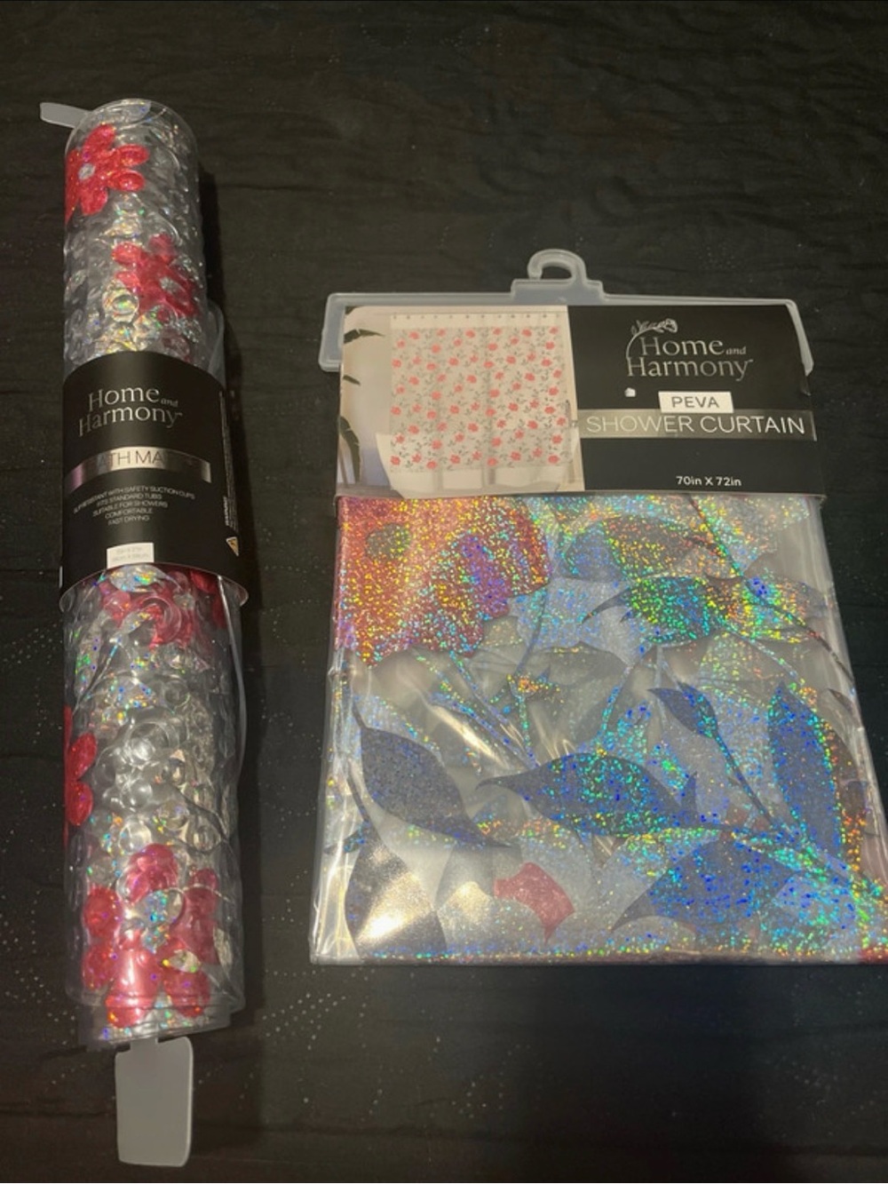 Holographic Floral PEVA Shower Curtain - Silver with Multicolor Accents